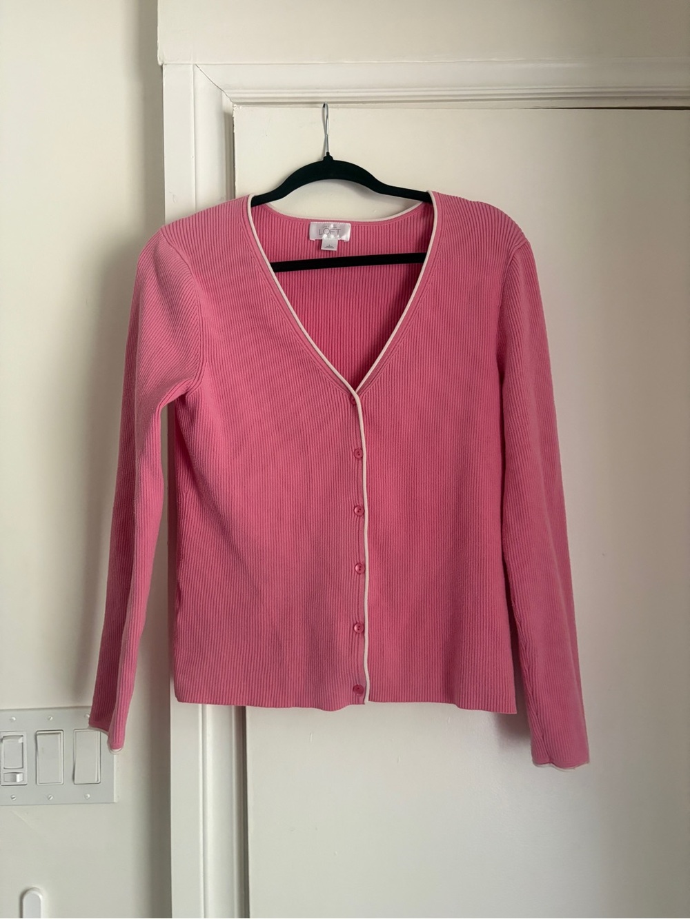 LOFT Pink Ribbed V-Neck Cardigan with white Trim